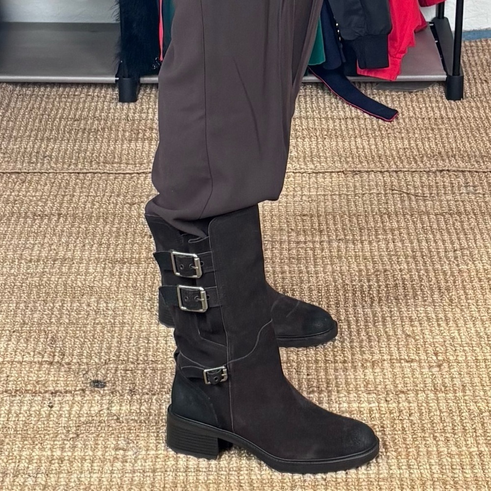 Zara Brown Combat Moto Suede Split Leather Buckled Calf High Ankle Boots - Picture 3 of 17